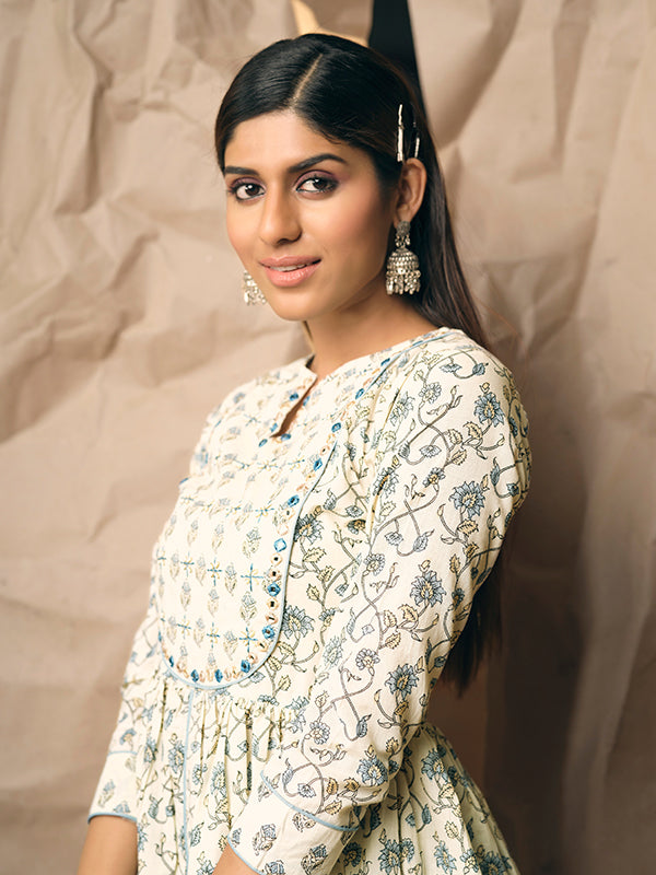 Off White and Cornflower Embroidered Pleated Kurta Set