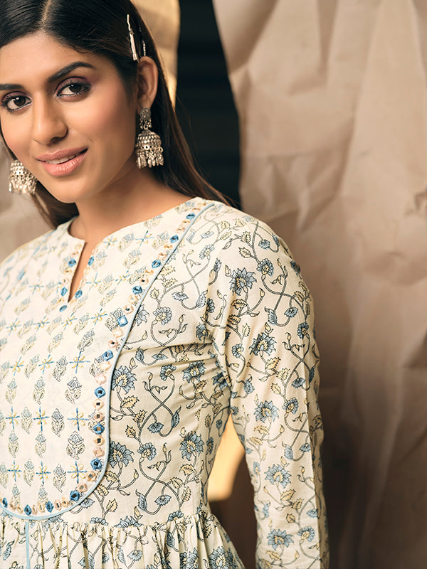 Off White and Cornflower Embroidered Pleated Kurta Set