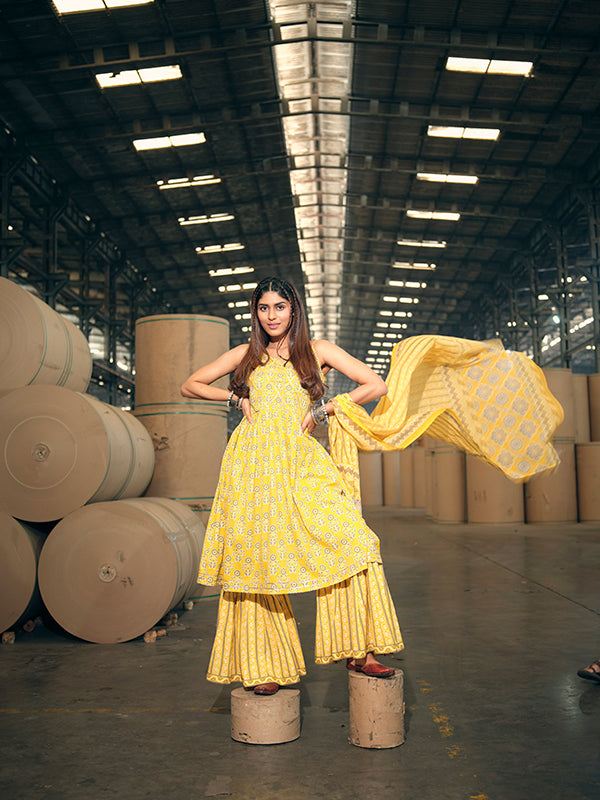 Pineapple Yellow Spaghetti Peplum Sharara Set