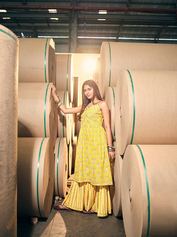 Pineapple Yellow Spaghetti Peplum Sharara Set