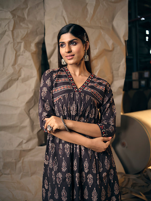 Charcoal and Tomato Red Embroidered Flared Kurta Set