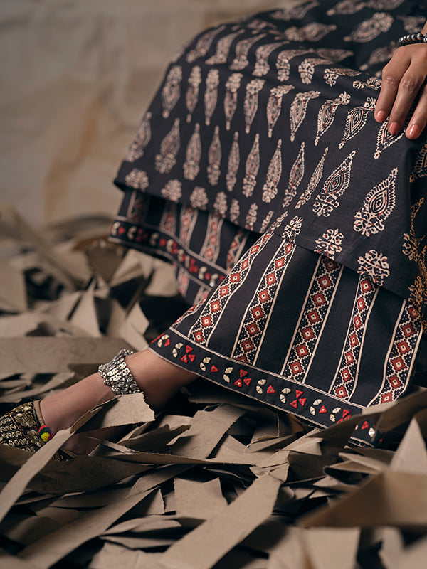 Charcoal and Tomato Red Embroidered Flared Kurta Set