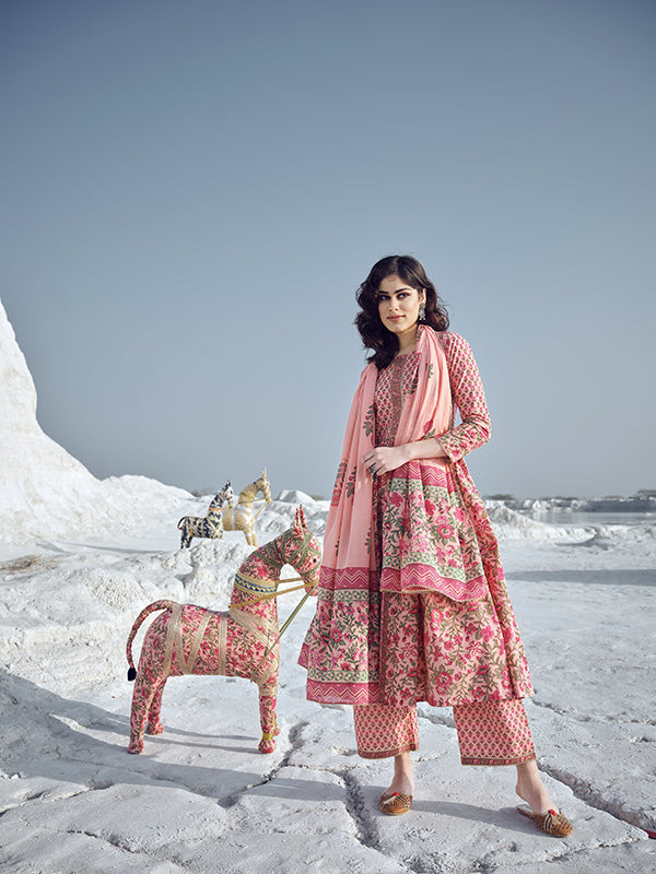 Coral Peach Printed Kurta Set
