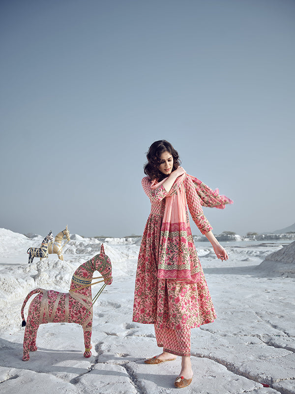 Coral Peach Printed Kurta Set