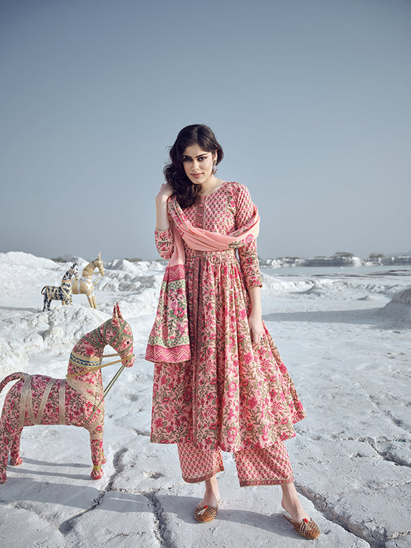 Coral Peach Printed Kurta Set
