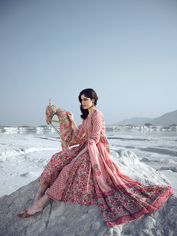 Coral Peach Printed Kurta Set