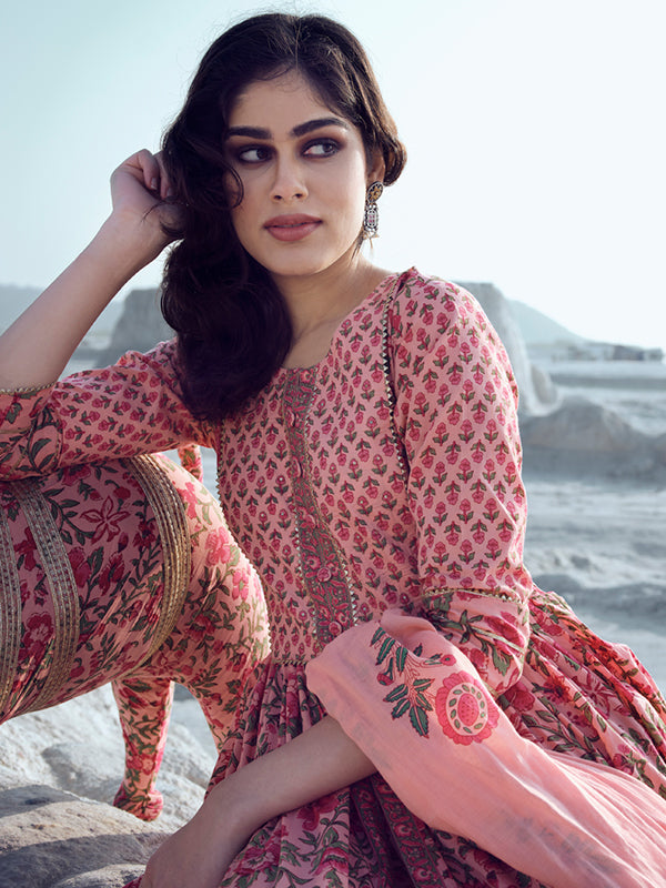 Coral Peach Printed Kurta Set