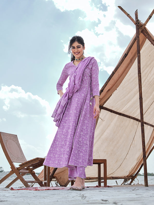 Lilac Hand Printed Angrakha Kurta Set
