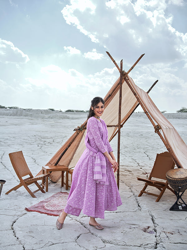 Lilac Hand Printed Angrakha Kurta Set