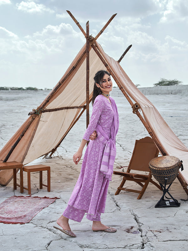 Lilac Hand Printed Angrakha Kurta Set