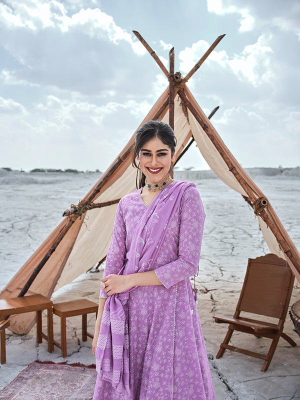 Lilac Hand Printed Angrakha Kurta Set