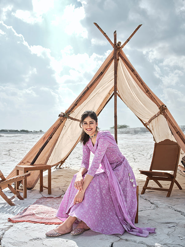 Lilac Hand Printed Angrakha Kurta Set