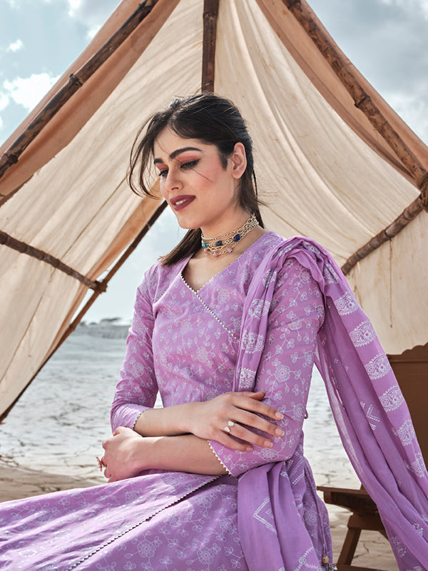Lilac Hand Printed Angrakha Kurta Set