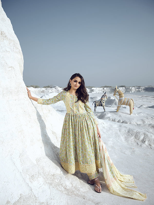 Canary Yellow And Turquoise Flared Kurta Set