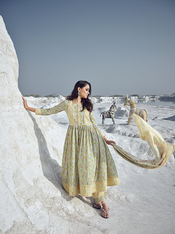 Canary Yellow And Turquoise Flared Kurta Set