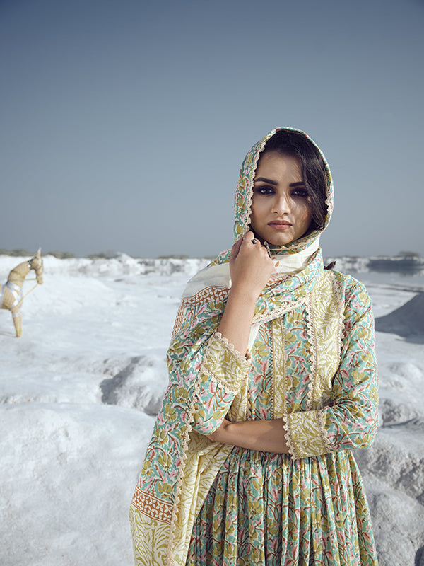 Canary Yellow And Turquoise Flared Kurta Set