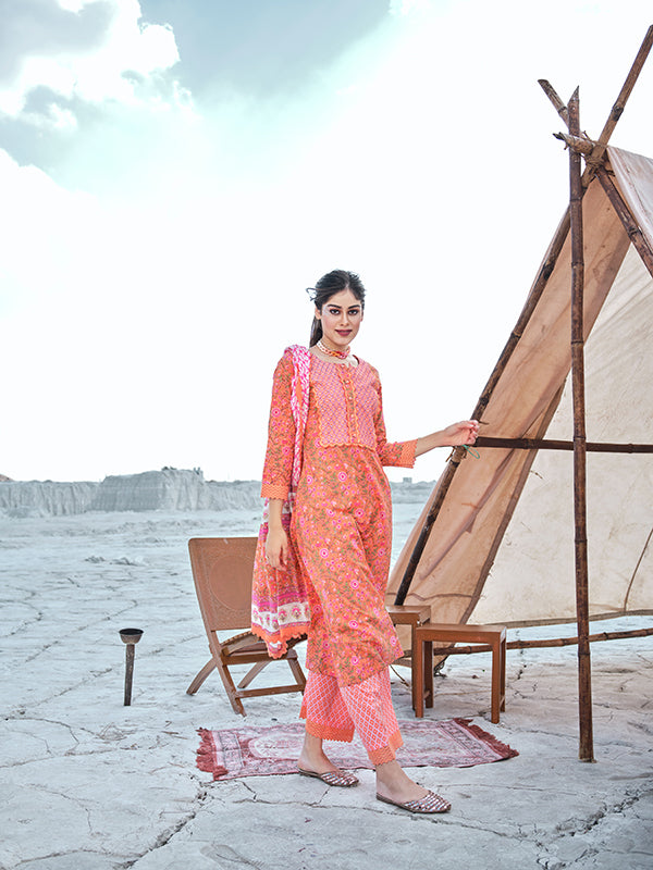 Coral and Hot Pink Embroidered Suit Set