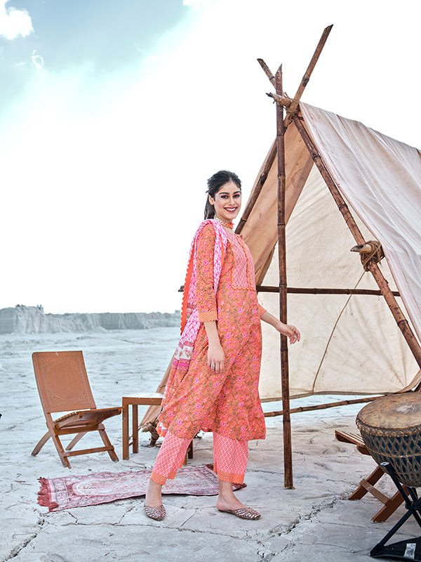 Coral and Hot Pink Embroidered Suit Set