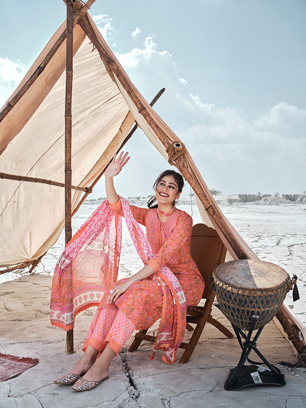 Coral and Hot Pink Embroidered Suit Set