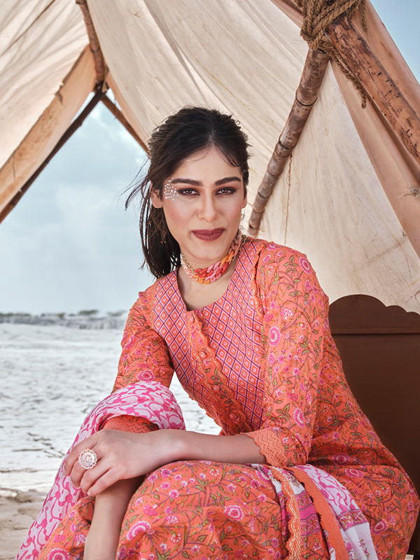 Coral and Hot Pink Embroidered Suit Set