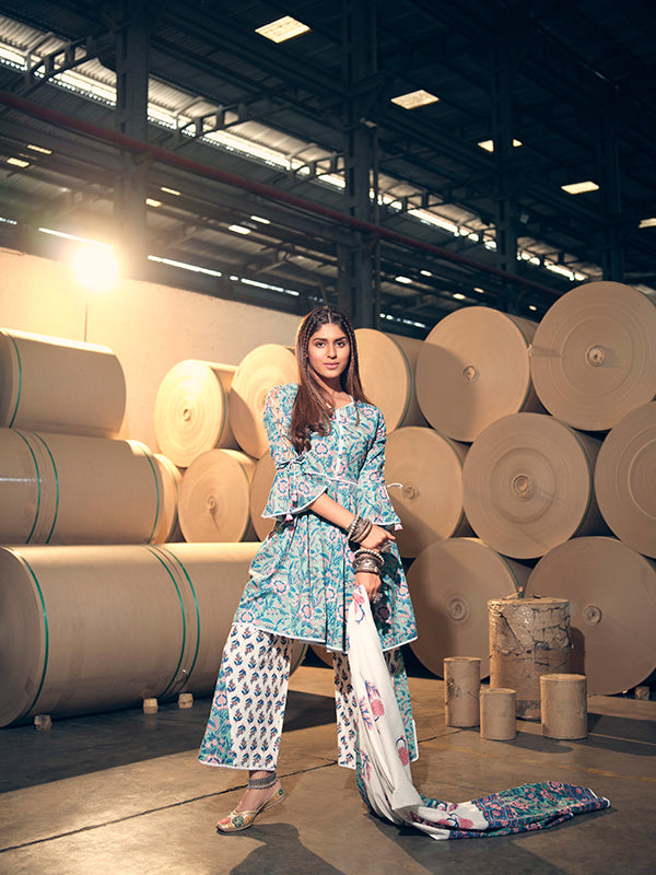 Turquoise and Pink Peplum Kurta Set