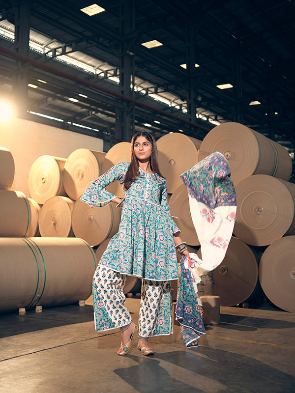 Turquoise and Pink Peplum Kurta Set