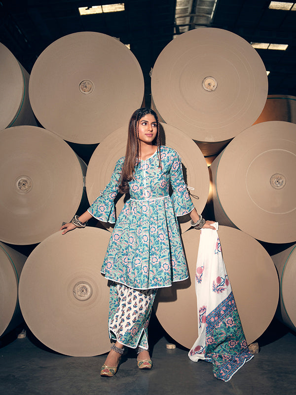 Turquoise and Pink Peplum Kurta Set