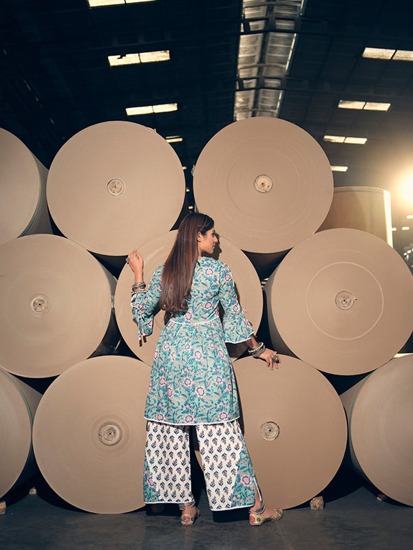 Turquoise and Pink Peplum Kurta Set