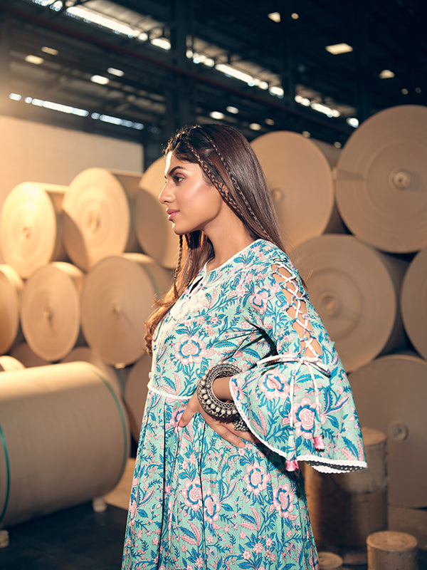 Turquoise and Pink Peplum Kurta Set