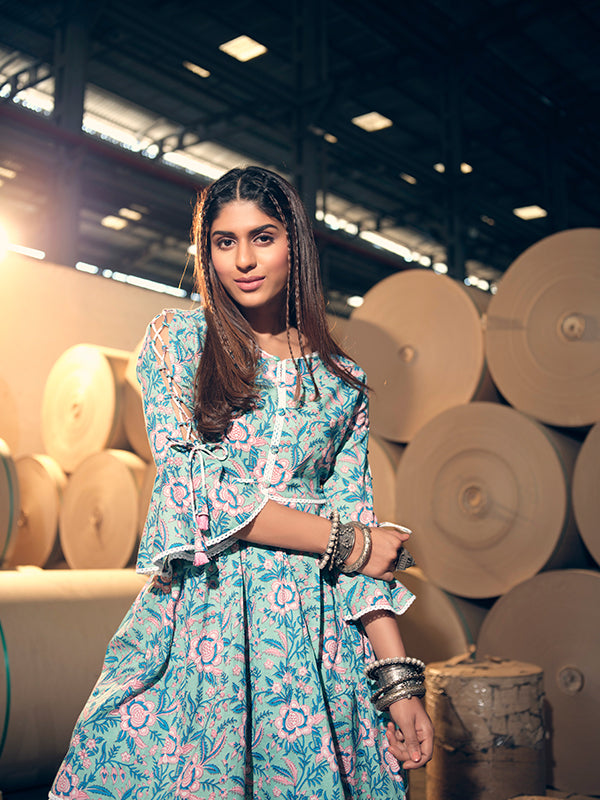 Turquoise and Pink Peplum Kurta Set