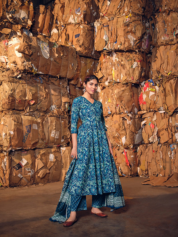 French Navy Blue Printed Kurta Set