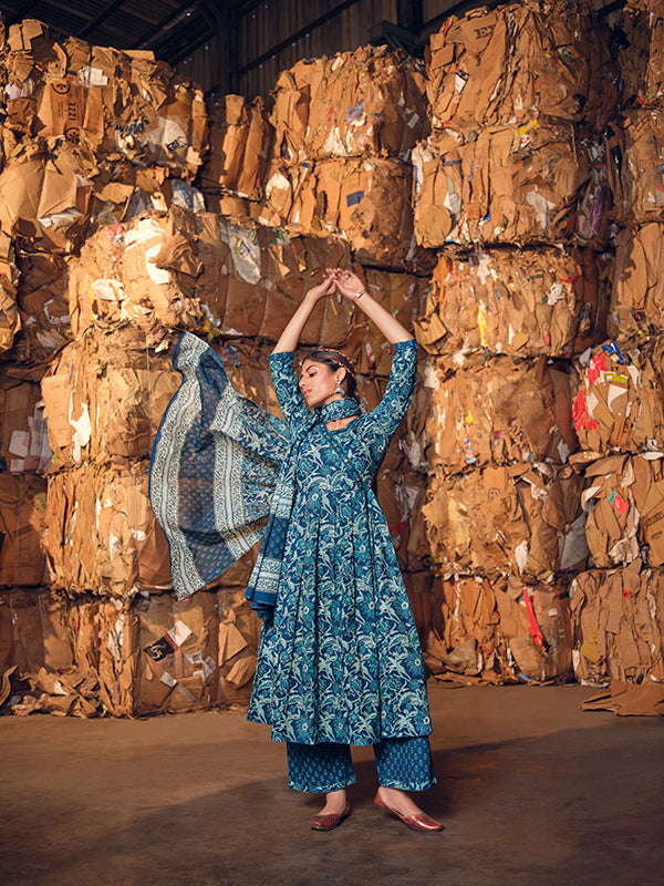 French Navy Blue Printed Kurta Set