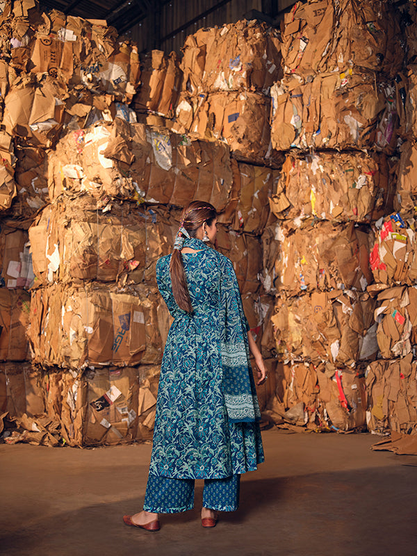 French Navy Blue Printed Kurta Set