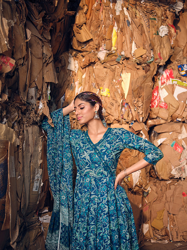 French Navy Blue Printed Kurta Set