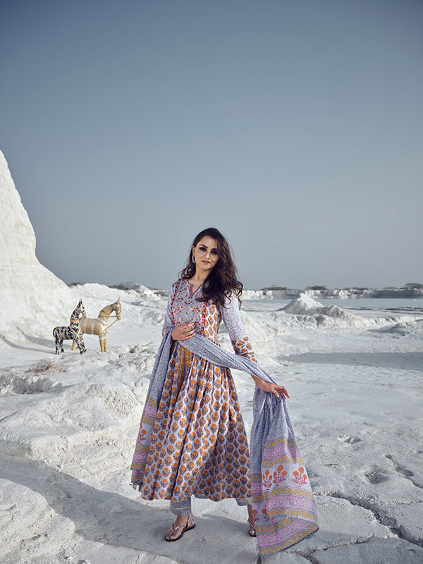 Grey and Goldenrod Embroidered Flared Kurta Set