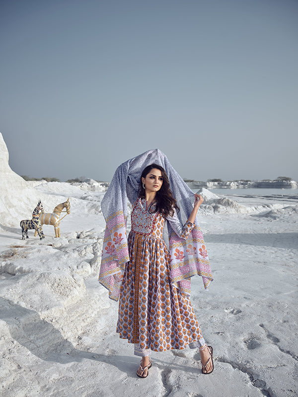 Grey and Goldenrod Embroidered Flared Kurta Set