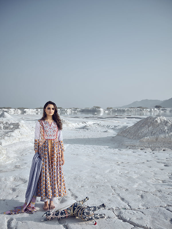 Grey and Goldenrod Embroidered Flared Kurta Set