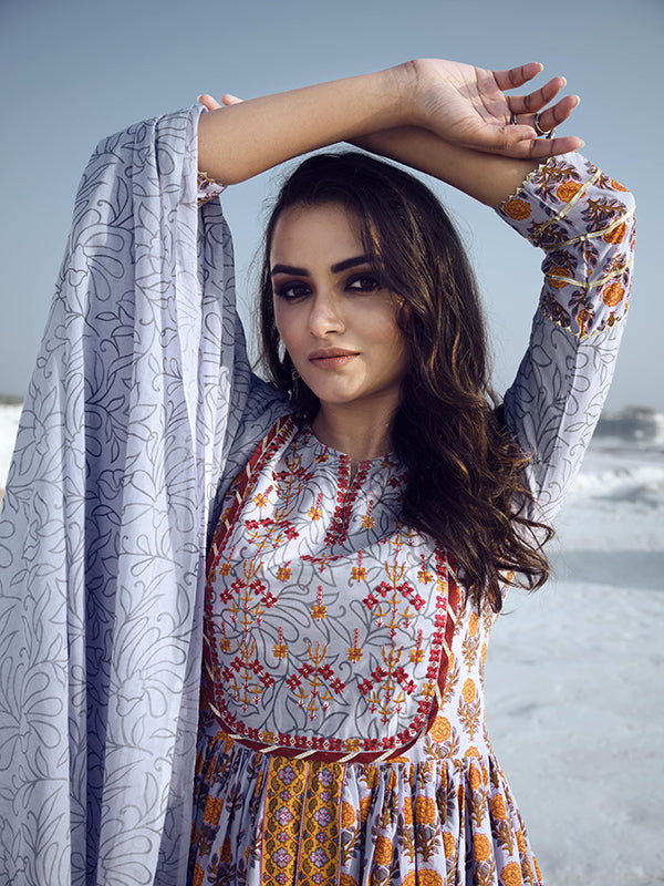 Grey and Goldenrod Embroidered Flared Kurta Set