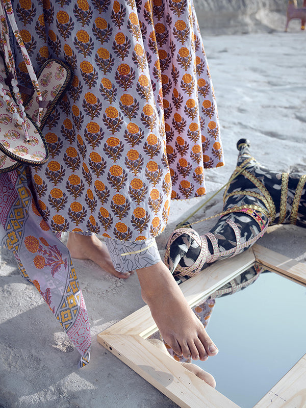 Grey and Goldenrod Embroidered Flared Kurta Set