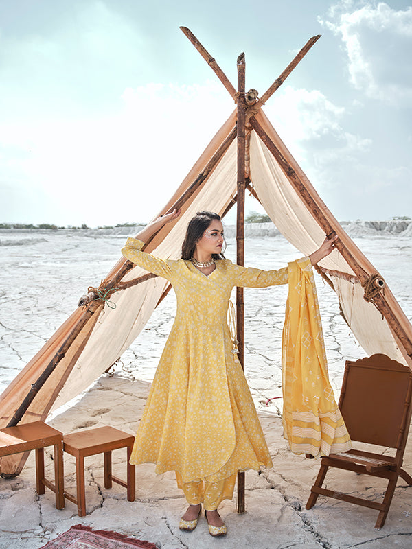 Royal Yellow Handprinted Angrakha Kurta Set