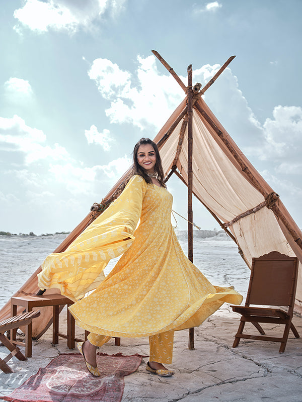 Royal Yellow Handprinted Angrakha Kurta Set