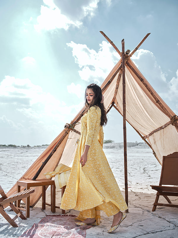 Royal Yellow Handprinted Angrakha Kurta Set