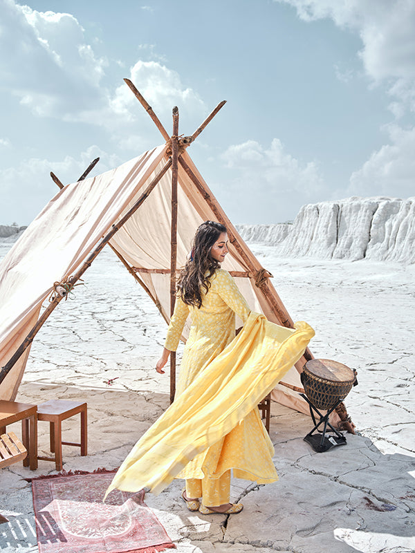 Royal Yellow Handprinted Angrakha Kurta Set
