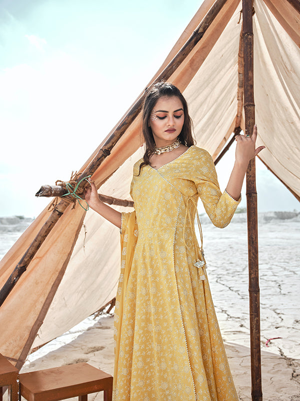 Royal Yellow Handprinted Angrakha Kurta Set