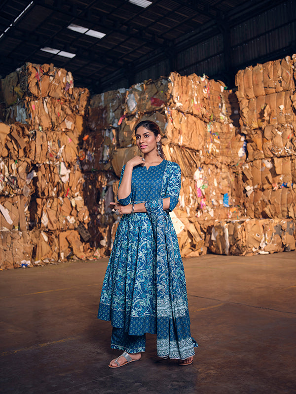Navy Blue Handworked Flared Kurta Set