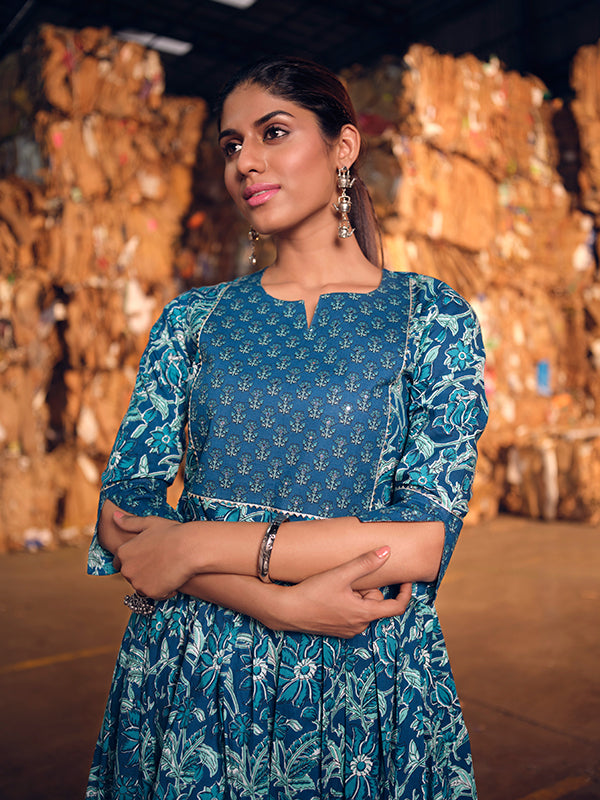 Navy Blue Handworked Flared Kurta Set