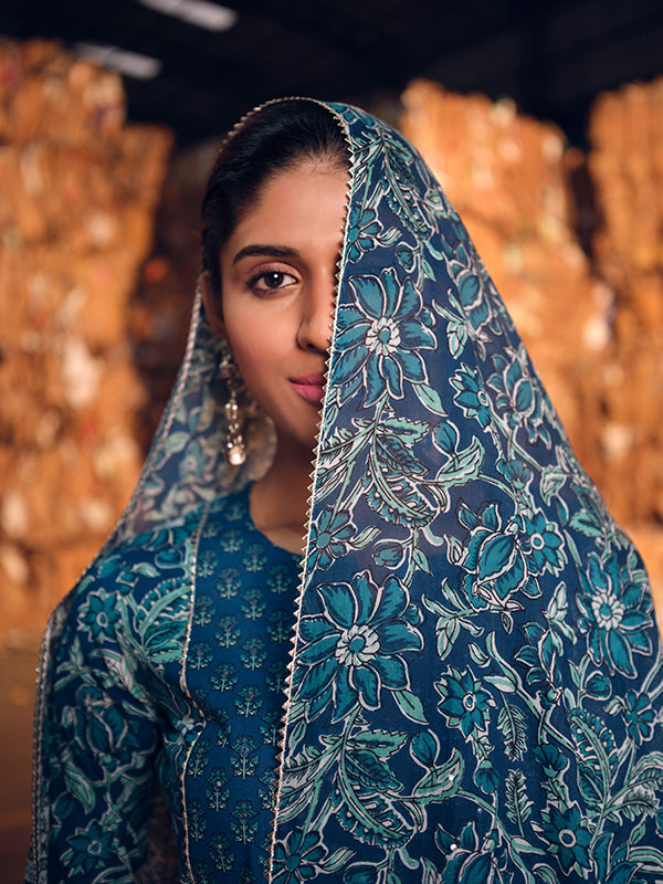 Navy Blue Handworked Flared Kurta Set