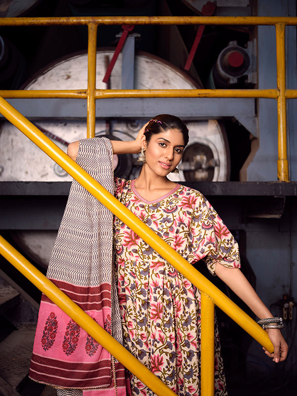 Cream and Pink Pleated Kaftan Style Kurta Set