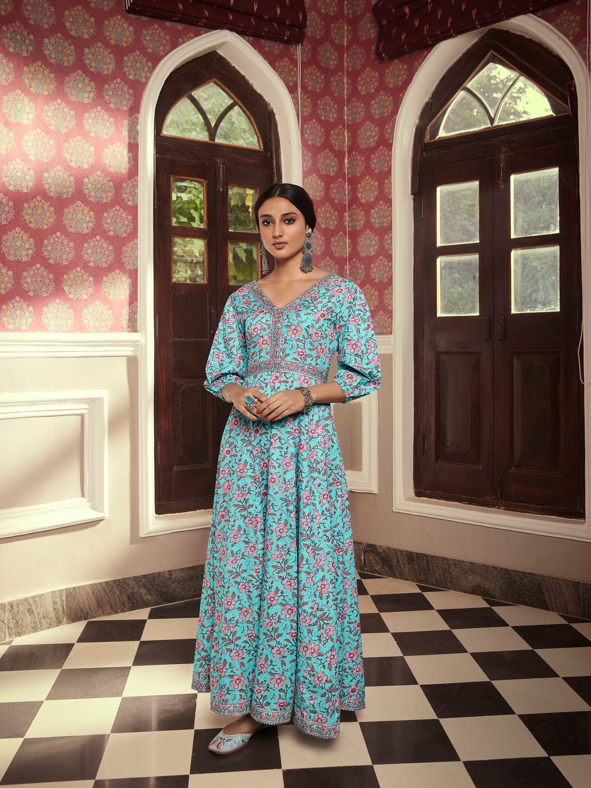 Turkish Blue V Neck Long Dress