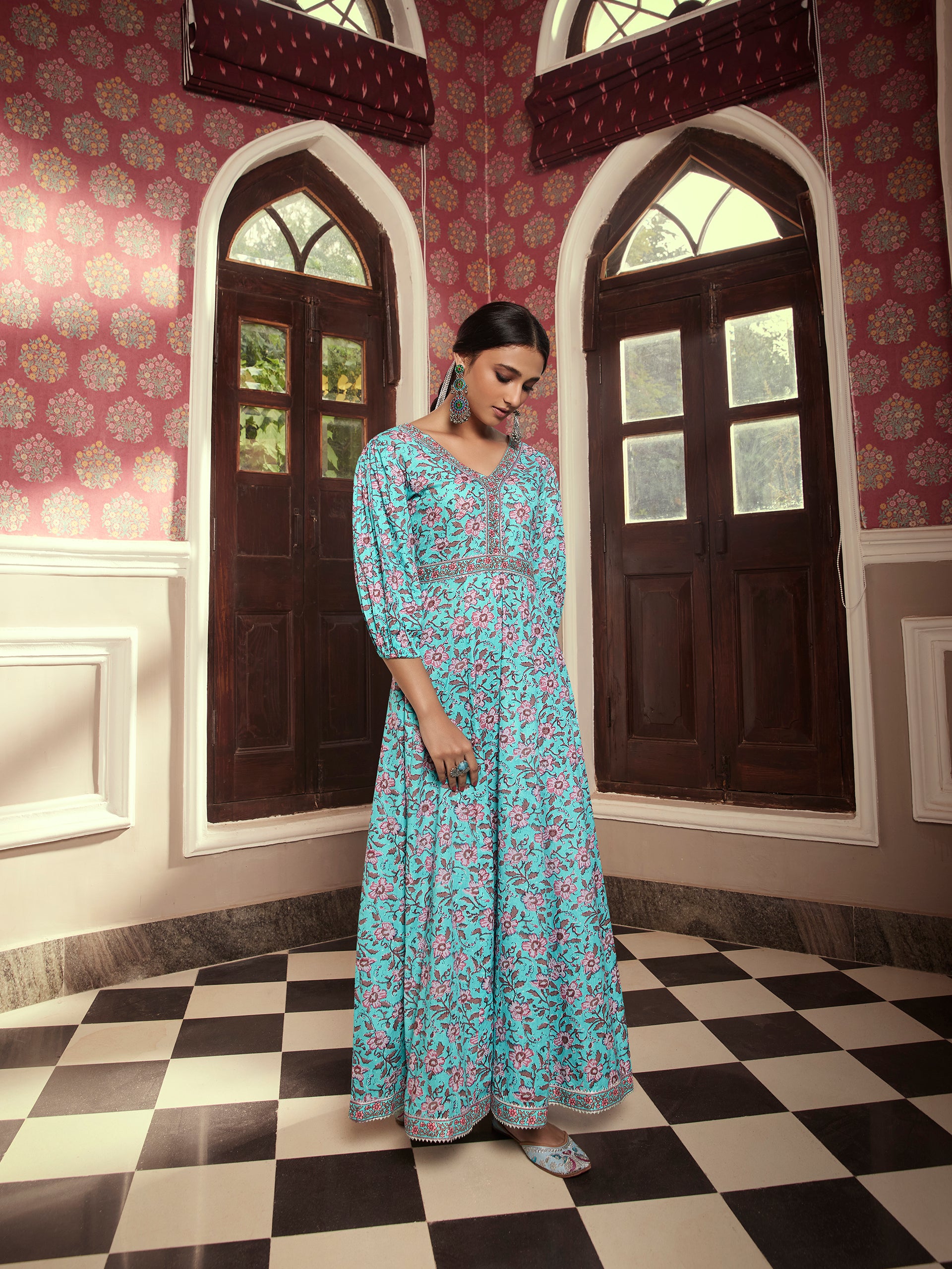 Turkish Blue V Neck Long Dress